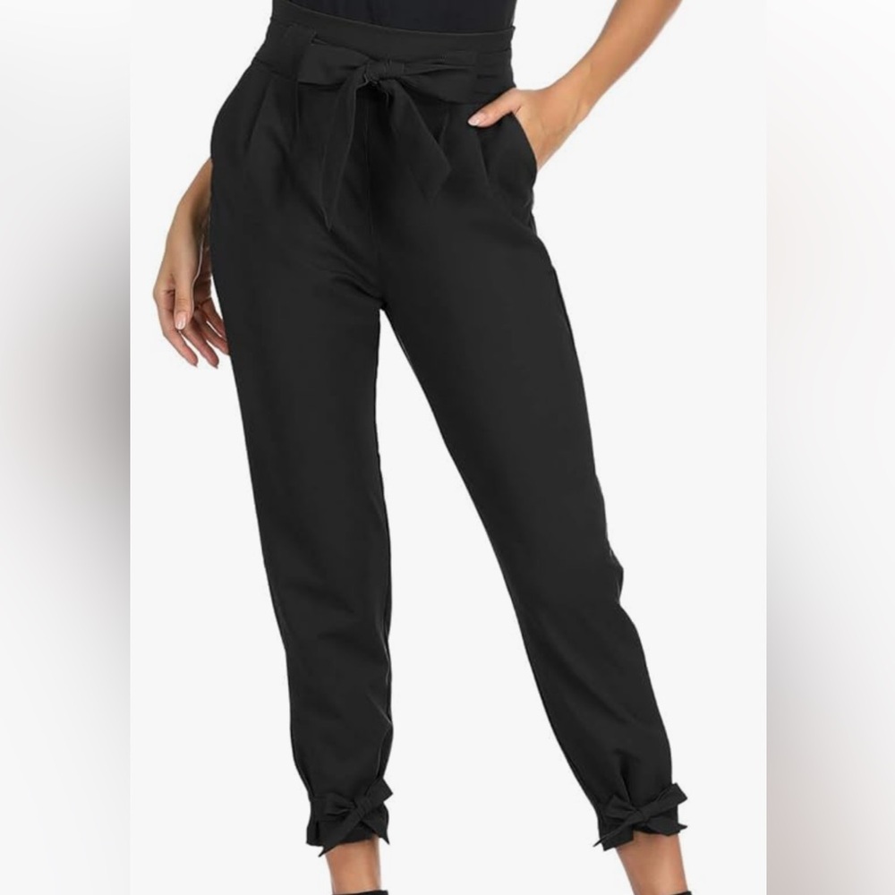 Grace Karin Black pants with tie belt and tie details on the bottom. - Picture 2 of 3